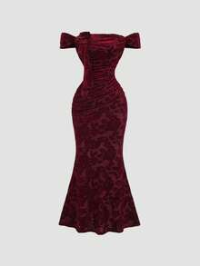 Sweetra Váy maxi bodycon đuôi cá hở vai xếp nếp nhung cổ điển gợi cảm dành cho nữ - Màu Đỏ Sâu - Xem 1