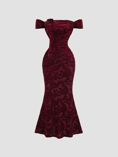 Sweetra Vintage uitgesneden fluwelen off-shoulder ruches sexy bodycon zeemeermin maxi-jurk voor vrouwen