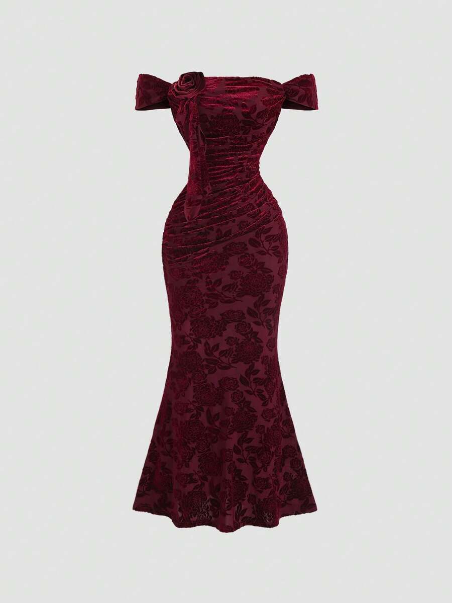 Sweetra Váy maxi bodycon đuôi cá hở vai xếp nếp nhung cổ điển gợi cảm dành cho nữ - Màu Đỏ Sâu - Xem 1