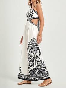 CAJUNI Women's Summer Vacation Casual Boho  Cami Jumpsuit With Cutout And Tie At The Back, Tropical Garden Print, Cut Out Maxi Dress, Sun Dress Women Maxi Dresses, Long Dress Summer, Summer Maxi, Maxi Vacation Dress - Black and White - View 1