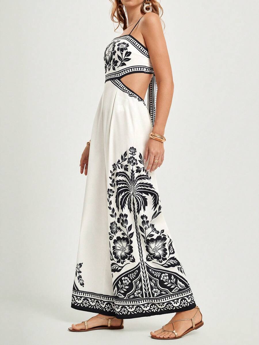 CAJUNI Women's Summer Vacation Casual Boho  Cami Jumpsuit With Cutout And Tie At The Back, Tropical Garden Print, Cut Out Maxi Dress, Sun Dress Women Maxi Dresses, Long Dress Summer, Summer Maxi, Maxi Vacation Dress - Black and White - View 1