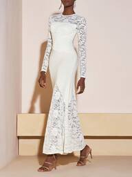 Zivah 2025 Höst/Vinter Nyår, Alla hjärtans dag, Fest, Bankett, Dejt, Födelsedagsfest, Collegestil, Studentkläder, Vardagskläder, Enkel Mångsidig, Casual, Kryssningsresor, Viral hit, Elegant, Pendling, Business Casual, Minimalistisk, Rund halsringning Långärmad, Silver Paljettspets Patchwork, Midja åtdragen fiskbenskant, Aprikosfärgad extra lång maxiklänning, Festklänning, Dammaxiklänning