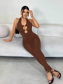 SHEIN SXY Women's Solid Color Minimalist Casual Halter Jumpsuit, Brown, For Daily/Commute Wear Brown Bodysuit Brown Jumpsuit Brown Dress Women Brown Body Suit Hollow Out Dress Brown Sexy Dress - Chocolate Brown - View 3