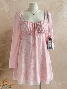 Soleia Große Größen Romantisches Blumen A-Linien Minikleid mit Glockenärmeln für Damen, Frühling/Sommer - Pink - Übersicht 1