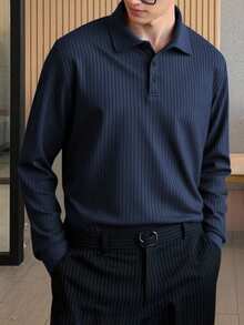 Manfinity Homme Men's Solid Color Half-Placket Long Sleeve Casual Ribbed Polo Shirt, For Fall