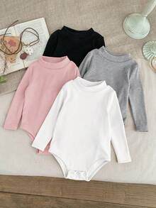 SHEIN LMoss Kids 3 件套 Babygirl 针织修身长袖立领连体衣，适合居家、户外等场合，秋冬季 - 彩色 - 查看 3