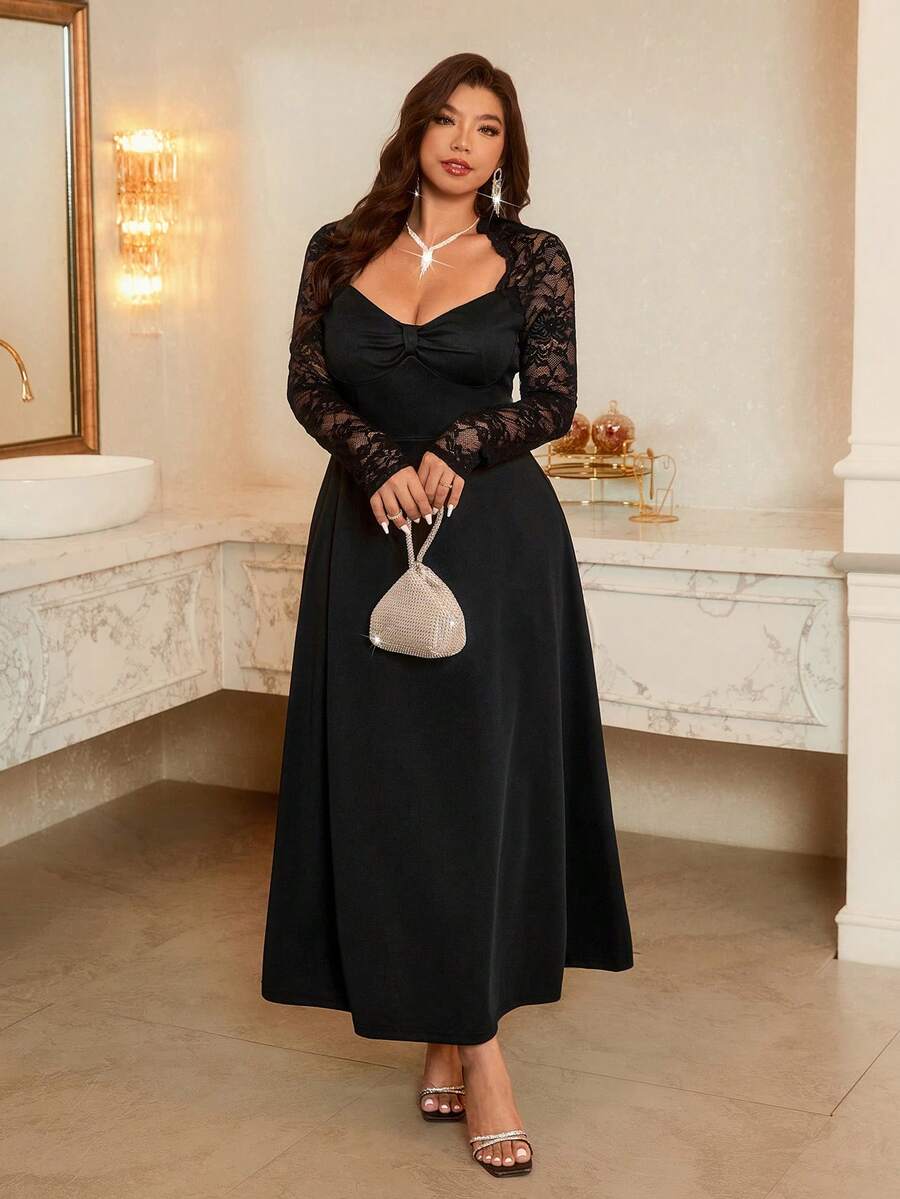 Firerie Plus Size Elegant Party Lace Patchwork Dress - Black - View 1