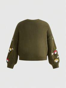ROMWE Áo khoác cardigan thêu hoa nấm nhiều màu Mori Kei Fairycore cỡ lớn, Áo len cardigan dệt kim cỡ lớn cho nữ mùa thu/đông, Áo len dài tay cỡ lớn - Màu xanh lá cây đậm - Xem 6
