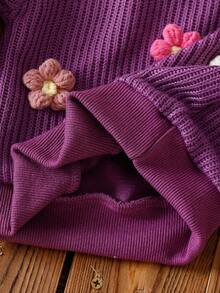 SHEIN Baby Girl Blue Knitted 3D Floral Pullover Sweater + Straight Leg Pants Set, Autumn/Winter - Purple - View 6