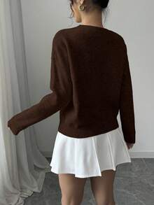 Elenzga Suéter de cuello redondo para mujer con estampado floral y unicolor - Marrón - Ver 2