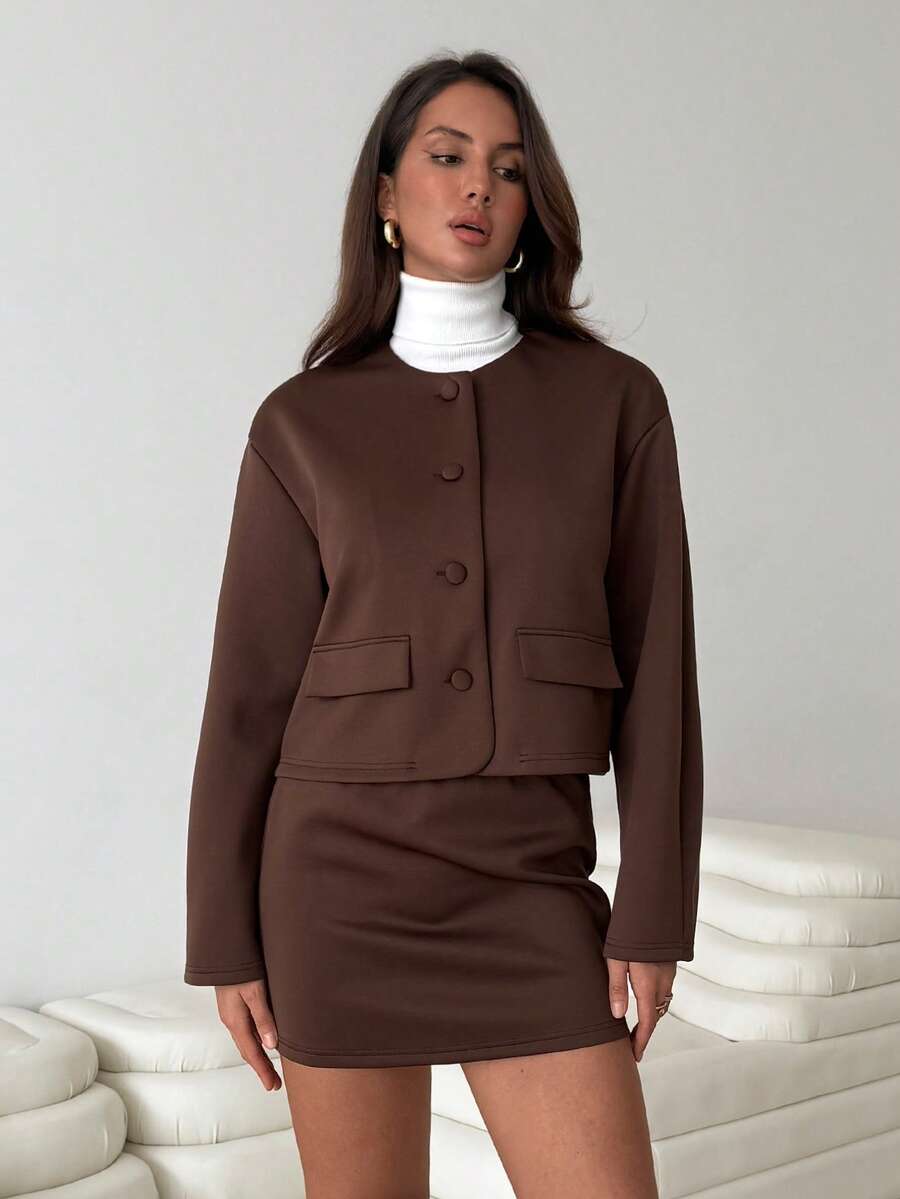 Aloruh Coffee-Color Suit Jacket + Skirt Set, Autumn/Winter Fashion Brown - Coffee Brown - View 1