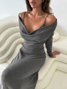 Aloruh Grau gestricktes 2-in-1 Langarmkleid, sexy Tassen-Design, Herbst/Winter