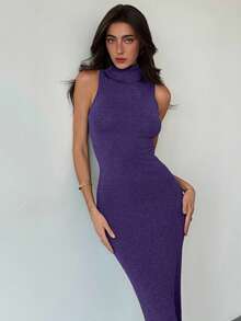 Aloruh Đầm len dáng chữ H dài siêu ngắn cổ lọ cổ cao màu xám phong cách tối giản dành cho người đi làm trẻ trung dạo phố - Màu tím - Xem 6