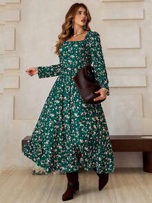 Roveilla Plus Size Elegant Ditsy Floral Long Dress,Women's Dark Green Long Sleeve Bohemian Maxi Dresses,Autumn Cottagecore Floral Print Tea Party Dress - Multicolor - View 6
