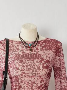 LanaWest Women's Western Ditsy Floral Knit Mesh Long Sleeve Fitted Top - Coffee Brown - View 3