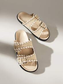 Solecia Handmade Stitched Thick Sole Double Buckle Casual Slide Sandals - Khaki - View 3