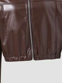 Tween Girls' PU Leather Jacket, Red Short Motorcycle Jacket, Street Fashiendy - Brown - View 5