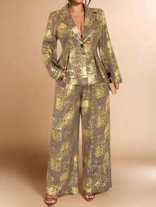 Cravure 大码女士金属箔优雅套装，适合派对和办公场合，秋冬季 - 棕色 - 查看 3