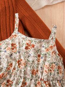 SHEIN Baby Girl Cute Casual Knit Cardigan Ditsy Floralnt Dress Set