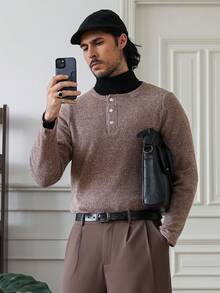 HUEFORM 男士复古亨利领针织衫，弹性极佳，贴合身形，适合男士冬季穿着，长袖上衣 - 卡其色 - 查看 1