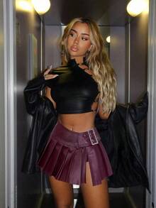 SHEIN ICON Y2k Black 90s Low Rise Buckle Detail Pleated Hem Skirt Sexy - Burgundy - View 4