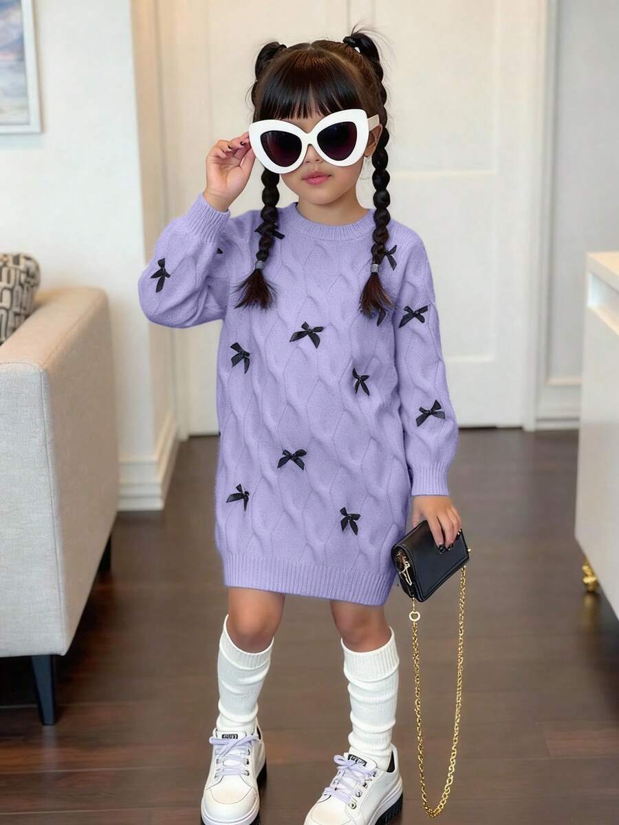 SHEIN Playful Pals 新款时尚百搭可爱蝴蝶结纯色扭绳女童套头毛衣连衣裙 - 紫色 - 查看 1