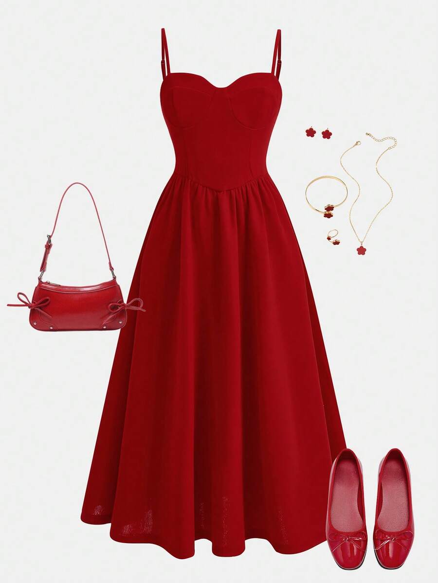 Girlism Tween Girl Spaghetti Strap A-Line Fashion Dress - Red - View 1