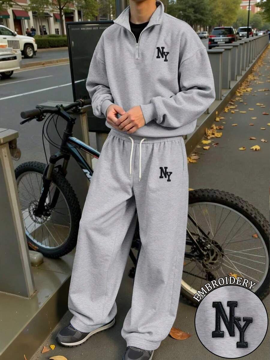 Claim Dot 男士纽约刺绣拉链领长袖休闲套头卫衣裤套装（2件套），秋季款 - 灰色 - 查看 1