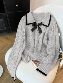 GlowEve CURVE 加大码优雅奢华灰色彼得潘领蝴蝶结修身长袖针织毛衣，厚款 - 淺灰色 - 查看 5