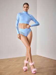 Menodora SHEIN Sport Women's Mandarin Collar Raglan Sleeve Hollow Out Short Casual Fitness Set - Baby Blue - View 6