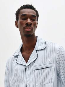 SUMWON 男士长袖纽扣条纹睡衣套装，家居服，棉混纺，经典舒适宽松版型 - 藍色 - 查看 4