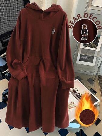 SHEIN LUNE 女式休闲熊贴片装饰连帽卫衣裙，秋冬