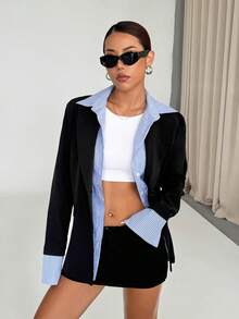 SHEIN Unity Color Block Striped Patchwork Women Blazer Jacket, 2 In 1 Design Fall Cloth For Women