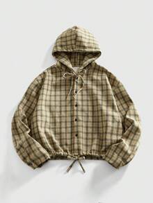 ROMWE MEN Casual Men's Plaid Hooded Long Sleeve Overcoat, College Style