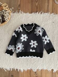 SHEIN LMoss Kids LMoss 女婴花卉图案灰色长袖毛衣，可爱百搭，秋冬 - 彩色 - 查看 5