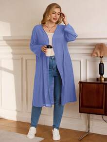 EMERY ROSE Áo khoác thường ngày tay bo gấu màu trơn cỡ lớn dành cho nữ, thiết kế túi mở phía trước - Màu xanh lam - Xem 4
