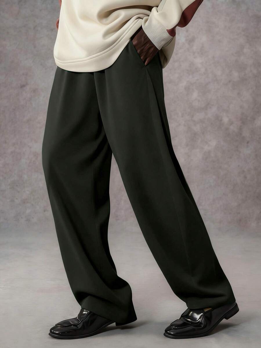 STYNVO Men's Dark Green Summer Casual Work Loose Fit Sweatpants,Japanese Style Solid Color Wide Leg Baggy Pants With Pockets,Big And Tall Oversized Pants - Dark Grey - View 1