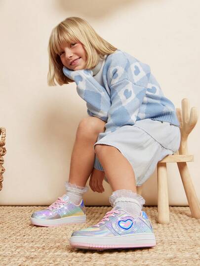 Mini mi Unicorn Approved Whimsical Kids Heart Accent Multi-Glitter Silver Court Sneakers –School Ready, Cute, Comfy & Lightweight From Playground To Mall