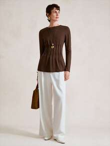 Aalyst Camiseta de manga larga ajustada con diseño de volantes en el cuello, elegante y formal para oficina, color marrón, adecuada para Halloween, Navidad, Día Nacional de Arabia Saudita, fiesta de Año Nuevo, ceremonia de graduación, cosplay - Marrón - Ver 4