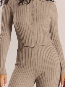 MUSERA Collard Button Through Detail Long Sleeve Ribbed Knit Jumpsuit Autumn Winter Knitwear Casual Going Out Everyday Night Out Sexy Cute Cosy Thanksgiving  New Year - Khaki - View 6