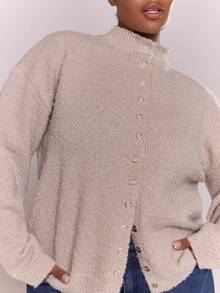 MUSERA 大号漏斗领蓬松针织长袖开衫，优雅可爱性感街头风，适合夜间外出穿着 - 卡其色 - 查看 2