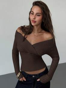 Aloruh Women's New Autumn/Winter Knit Sweater, Off Shoulder Vintage Ribbed Fitted Long Sleeve Pullover,Fall,Fall Clothes For Women - Brown - View 3