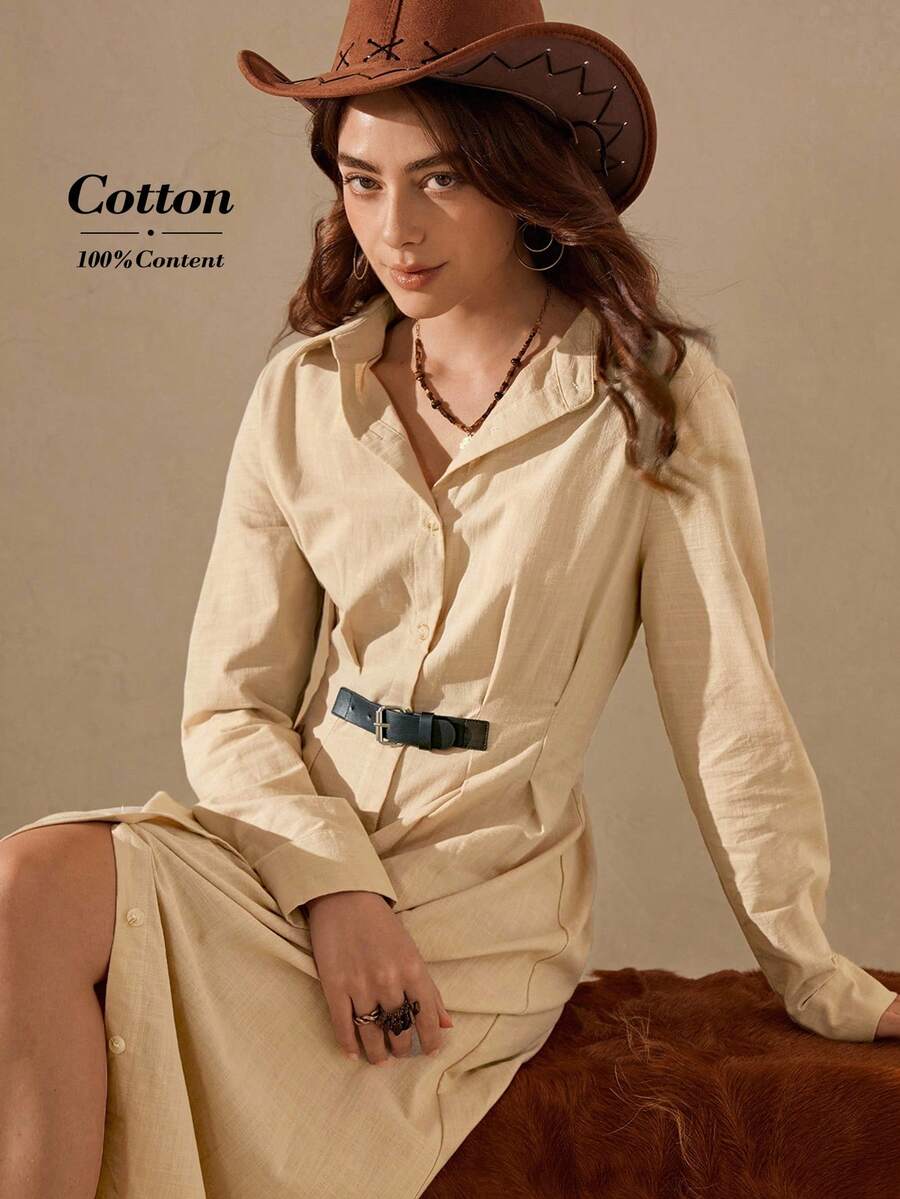 Wildy Đầm dài tay đơn sắc cài nút phía trước dành cho nữ - Xám - Xem 1