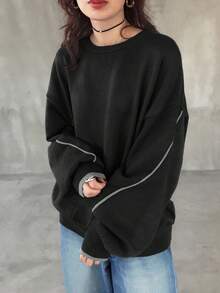 FRIFUL 女式深灰色撞色蓝边圆领落肩长袖宽松休闲百搭毛衣，秋季 - 黑色 - 查看 5