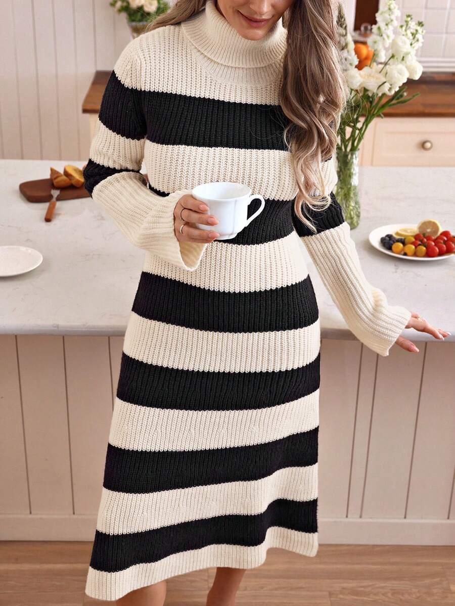 Louniche Damen Vintage Midi Pulloverkleid mit hohem Kragen, Farbblock, gestreifter Taille und weitem Ärmel - Aprikosenfarben - Übersicht 1