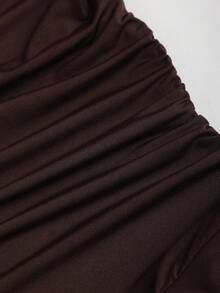 Sweetra Váy mini tay dài họa tiết kim loại bất đối xứng màu cà phê thu/đông cho nữ, viền xếp nếp nhiều lớp - Cà phê - Xem 5