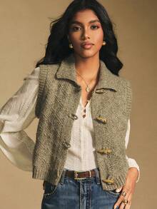 Poéselle Women's Casual Loose Knitted Vest With Horn Button Design, Autumn/Winter Women Western Clothes Women S Western Clothing - Army Green - View 3