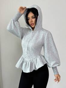 Elenzga Áo nỉ dài tay dệt kim có mũ trùm đầu, viền loe, kéo khóa thanh lịch dành cho nữ, màu xám, thích hợp cho Halloween, Giáng sinh, tiệc năm mới, lễ tốt nghiệp, cosplay - Xám - Xem 3