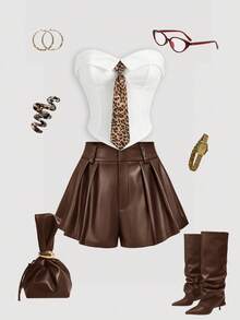 SHEIN MOD 女士褶皱宽松巧克力棕色PU阔腿短裤 - 巧克力棕 - 查看 3