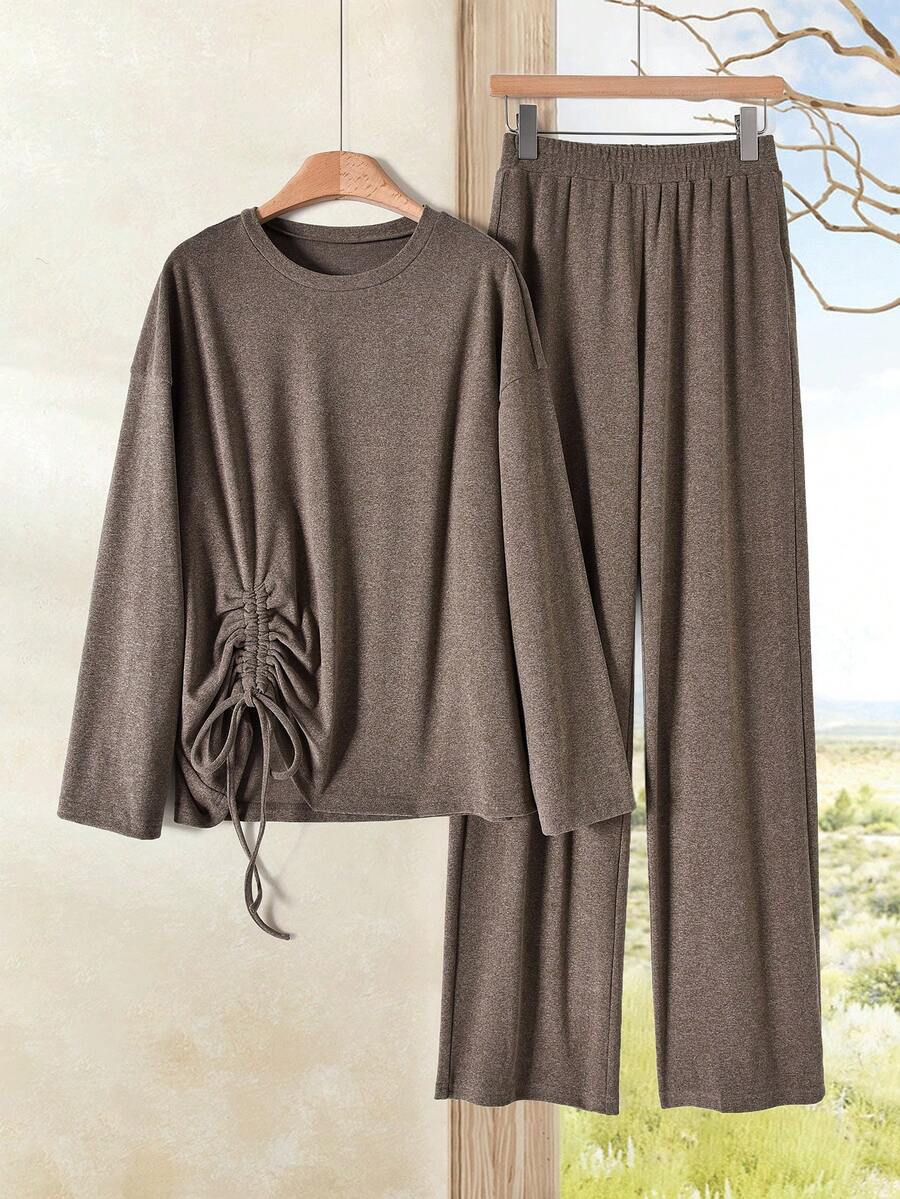 Rusticease 女士休闲抽绳上衣和裤子两件套 - 棕色 - 查看 1